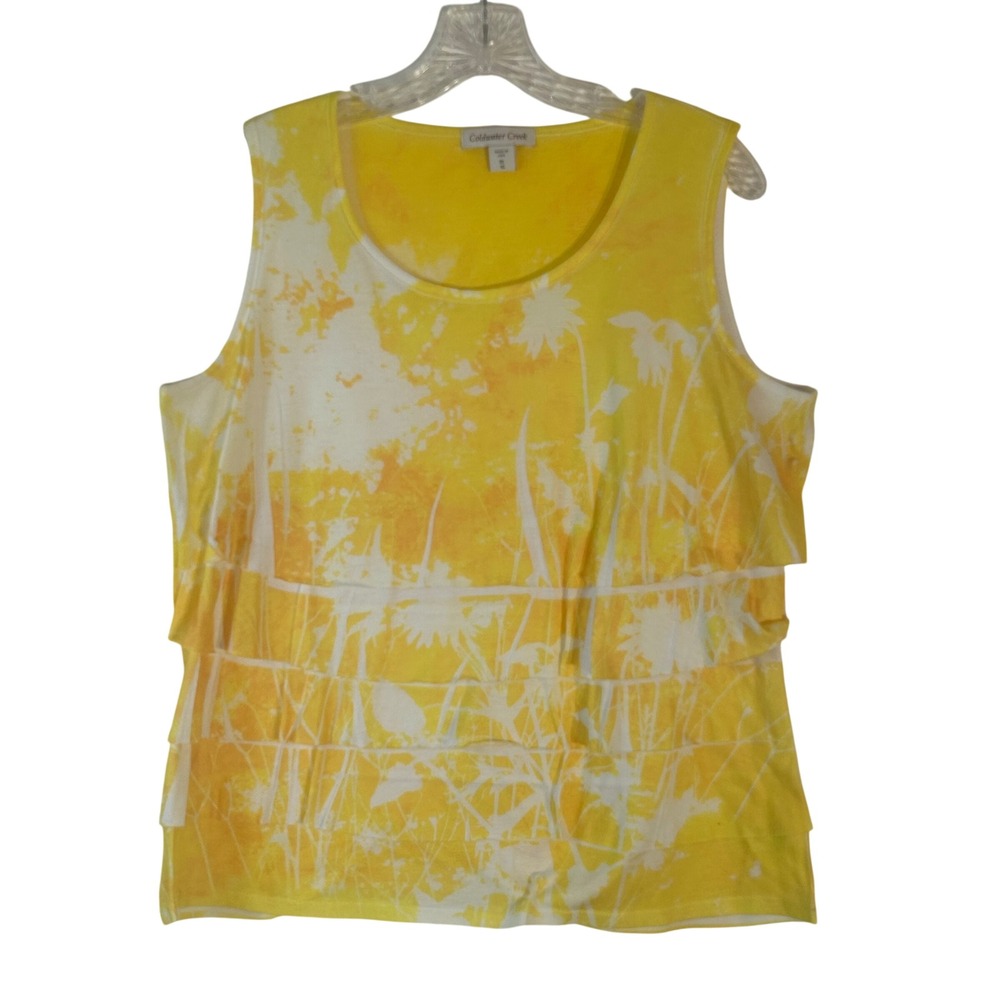 Coldwater Creek Womens XL 16 Yellow White Floral Tiered Sleeveless Tank Top USA